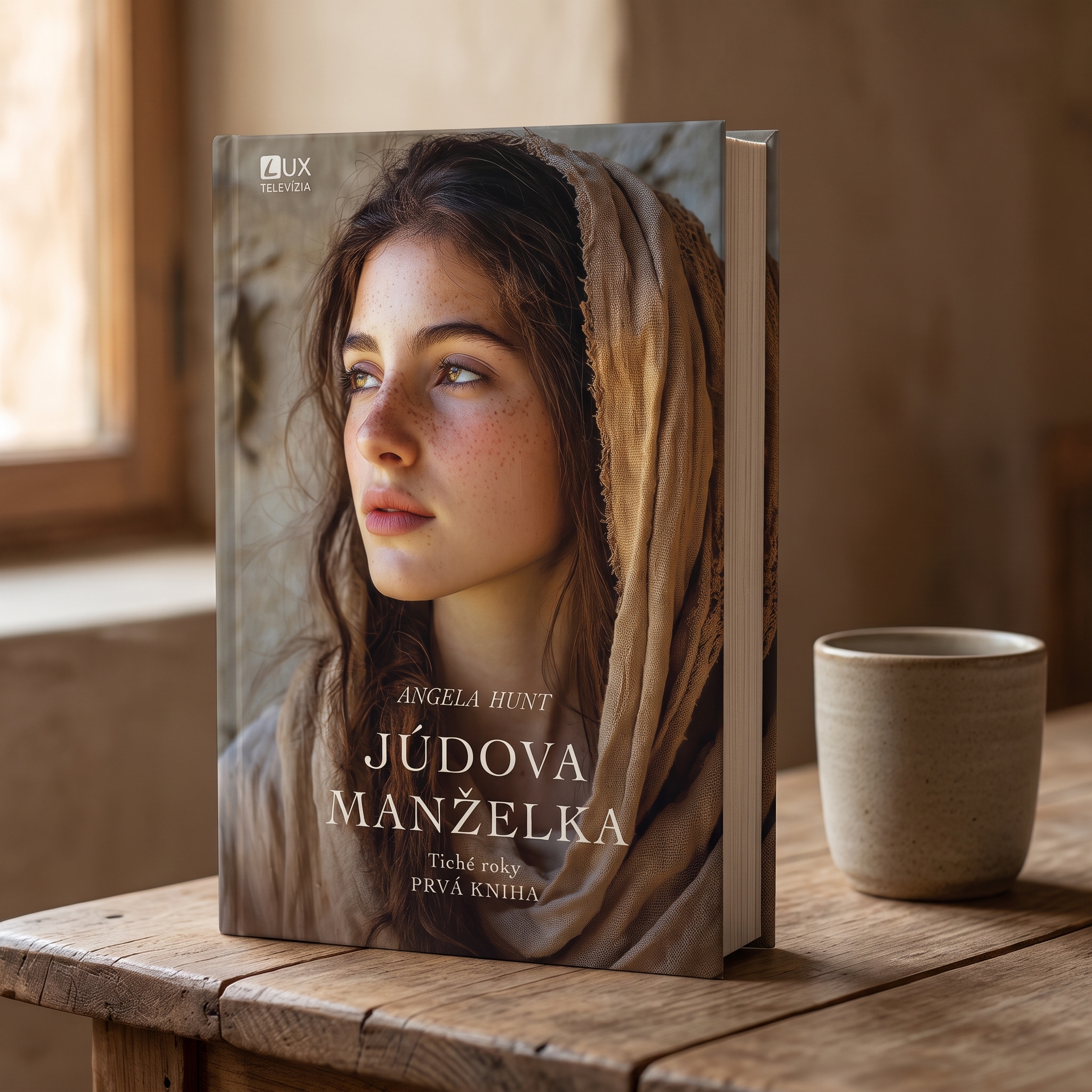 Ilustrácia brožovanej knihy Júdova manželka položenej vedľa šálky