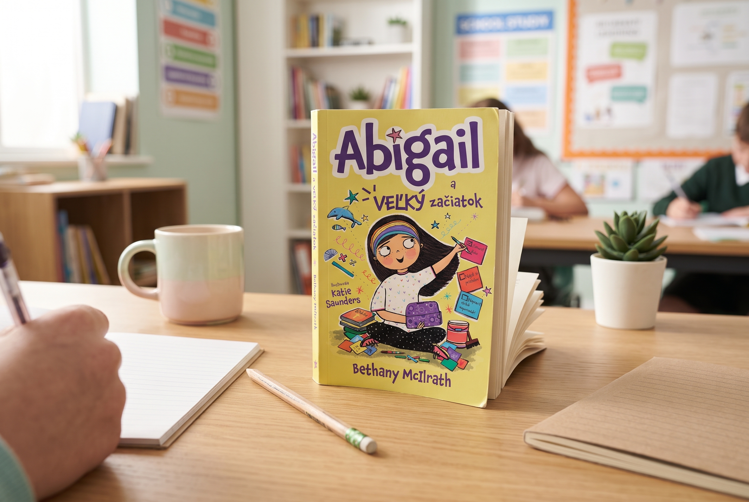 Kniha Abigail a veľký začiatok s viditeľnou mäkkou obálkou na stole so školskými pomôckami