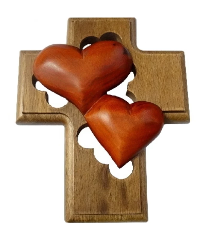 Kríž drev. (LK008) 2 srdcia - oranžové