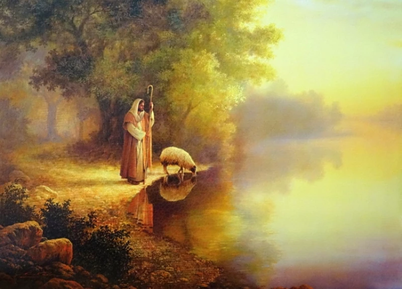 Obraz na dreve: Pán Ježiš pastier pri jazere (40x30)