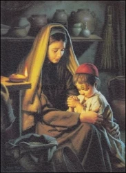 Obraz na dreve: Panna Mária s dieťaťom pri modlitbe (20x15)
