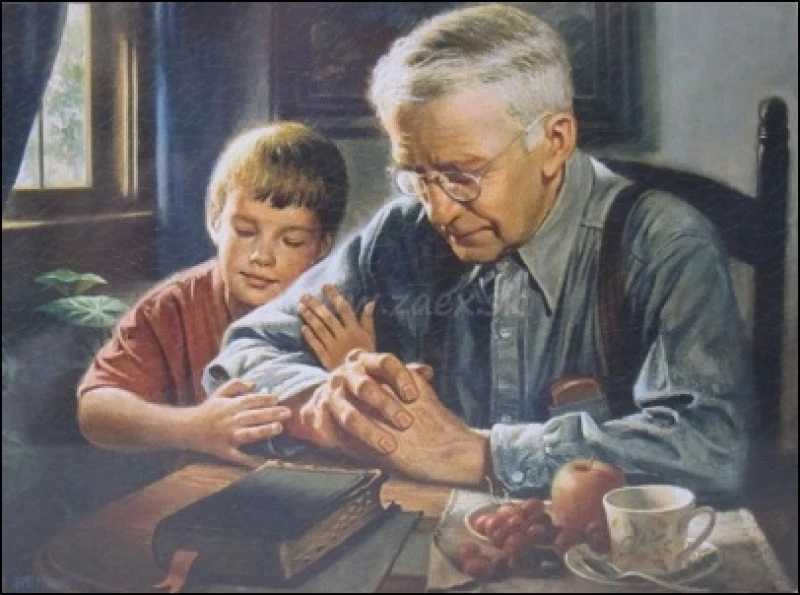 Obraz na dreve: Starý otec pri modlitbe s vnukom (20x15)