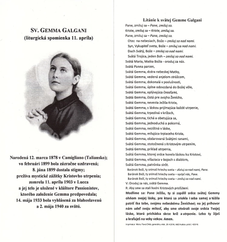 Záložka + litánie: Sv. Gemma Galgani
