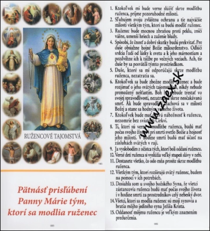 Záložka lam.: Pätnásť prisľúbení Panny Márie tým, ktorí sa modlia ruženec / JH