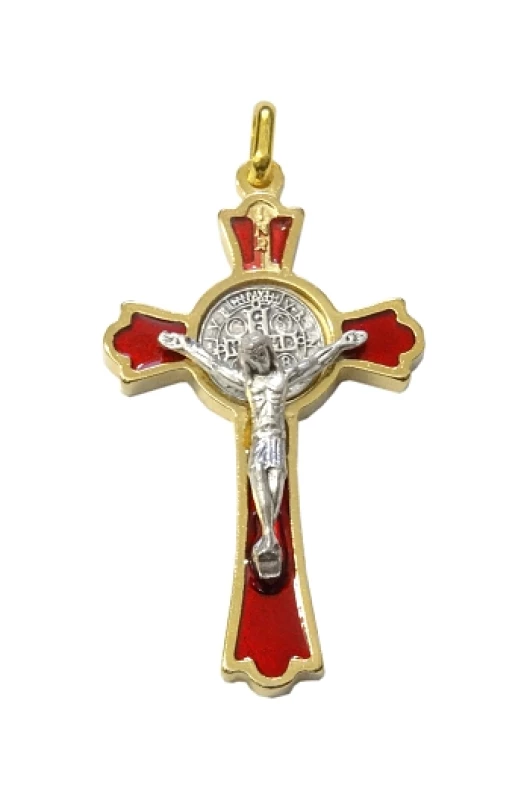 Prívesok zlatý (K0235) Benediktínsky krížik - červený