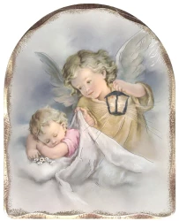 Obraz na dreve (1055) - Anjel s lampášom + dieťa 1 (25x20)