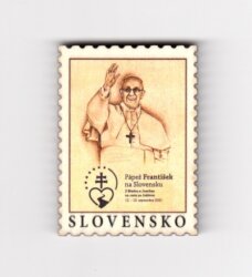 Magnetka drev. Pápež František na Slovensku (známka)
